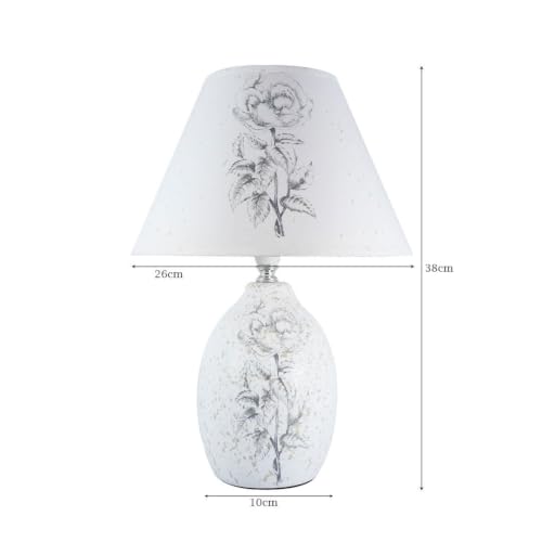 Image of ELARE Ceramic Table Lamp with Floral Printed Fabric Shade, LED Bulb Included, Bedside Lamp for Girls Bedroom, Living Room & Home Decor, White (38 cm)