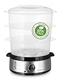 Emerio Dampfgarer mit 60 Minuten Timer + Abschaltautomatik, 3 spülmaschinengeeignete Dampfgareinsätze (unterster mit Aussparungen zum Eier garen) + Reisschale, BPA-frei, Dampfkocher