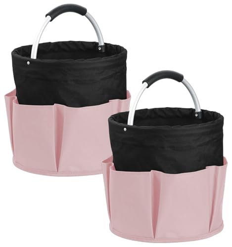 Image of 2Pcs 17L Shower Caddy with 6 Pockets, Portable Cleaning Caddy in 600D Oxford Fabric, Cleaning Supplies Bucket with Handle, Multifunctional Storage Basket for Dorm, Family, Black with Pink