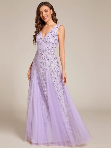Image of Ever-Pretty Women's Prom Dresses V Neck Sleeveless Tulle Hem A-Line Sequins Maxi Ball Gowns 02130
