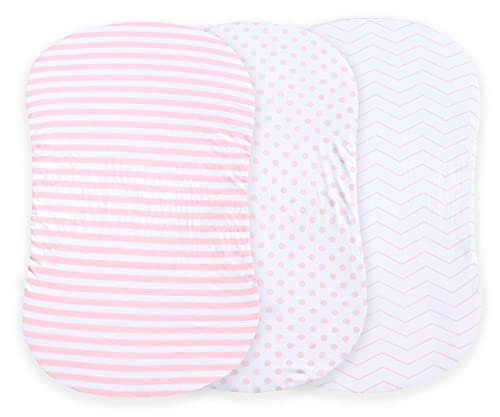 Nodnal Co. 3 Fitted Bassinet Sheets Pink Set For Baby Girl - 100% Oeko-Tex Cotton - Chevron, Polka Dot And Stripe - For Cradle/Moses Basket Hourglass, Oval & Rectangle Mattress Sheet #TOP2