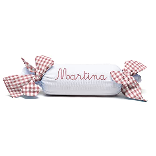 Nenel Cojín Decorativo para Cuna o Carrito Personalizado – Caramelo bebé con Nombre - Rulo recién Nacido Bordado - Vichy (Rosa Maquillaje)