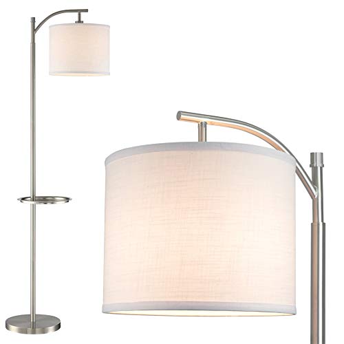Kira Home York 63" Minimalist Tray Table LED Floor Lamp (7W LED, Energy Efficient/Eco-Friendly) + White Shade - Modern Standing Arc Light with Hanging Lamp Shade, Brushed Nickel Finish