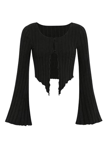 OYOANGLE Girl's Button Front Asymmetrical Split Hem Long Sleeve Top Lettuce Trim Ribbed T Shirts