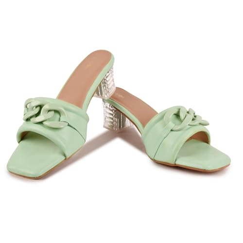 Image of Women's Slip On-On Heeled Sandals with Transparent Block Heels & Decorative Chain Strap Signora103| Fashionable Summer Slides Trendy Chain Strap Signora103