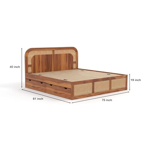 Image of Sheesham Wood Cane Bed with Drawer Storage for Bedroom | King Size Wooden Double Bed Palang with Curved Rattan Headboard & Footboard (Honey Finish)