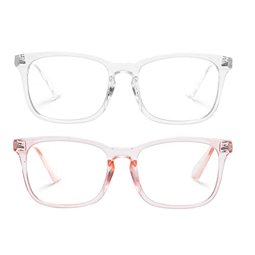 AZORB 2 Pack Blue Light Blocking Glasses for Men Women Classic Square Eyeglasses Frame (Transparent+Transparent Pink)