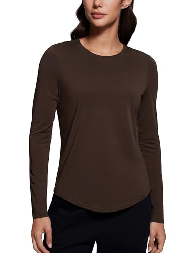 CRZ YOGA Women's Pima Cotton Sports Long Sleeve Shirts Lightweight Crew Neck Yoga T-Shirts Breathable Workout Casual Tops Hot Fudge Brown 12
