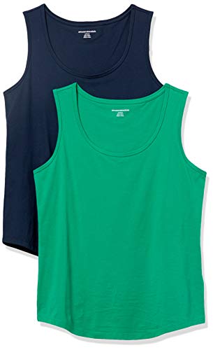 Amazon Essentials Women's 2-Pack Classic-Fit 100% Cotton Sleeveless Tank, Green/Navy, X-Small