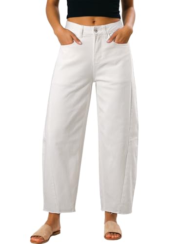 Dokotoo Barrel Jeans Women 2026 Summer Fashion Casual High Waisted Wide Leg Jeans Woman Loose Baggy Stretchy Zipper Button Down Closure Denim Pants with Pockets Solid Soft Cotton Trousers White Size 4