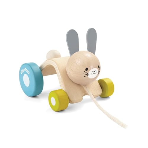 PlanToys Hopping Rabbit Pull Toy - Sustainably Made from Rubberwood Featuring Organic-Pigment Coloring and Water-Based Dyes with Hopping Action when Pulled