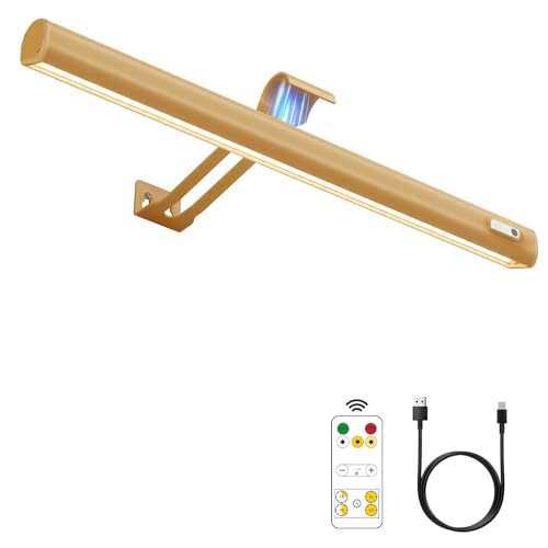 Olafus Picture Light Battery Operated, 15in Rechargeable Wall Light, 3 Colors and Brightness Dimmable Art Gallery Light with Timer for Painting, Artwork, Gallery, Dartboard, Portrait, Gold