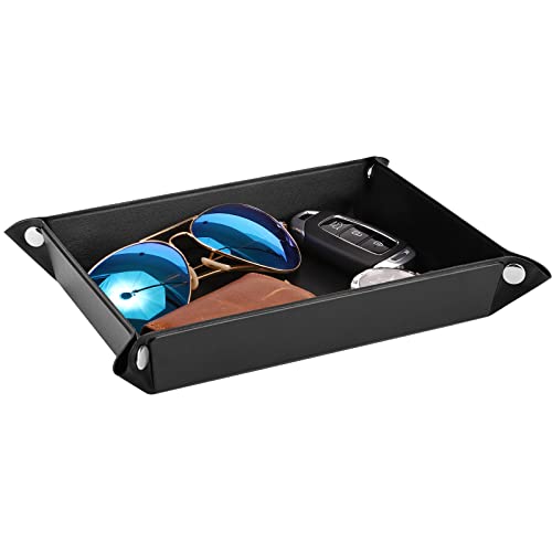 Luxspire Bandeja Plegable Rectangular de Cuero PU, Caja de Organizador Portátil de Mesita de Noche Pequeña para Hombre para Almacenar Monedas Clave, Efectivo, Joyas, Baratijas – Negro