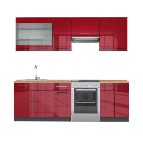 Vicco Küchenzeile Fame-Line, Bordeaux Hochglanz/Anthrazit, 240 cm, AP Eiche