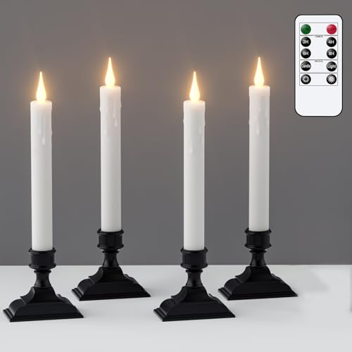 Image of GenSwin Window Candles Battery Operated with Timer, Flameless Taper Candles, Black LED Window Taper Candlesticks Remote, 4 Pack Flameless Candlesticks with Suction Cups for Halloween Christmas Decor