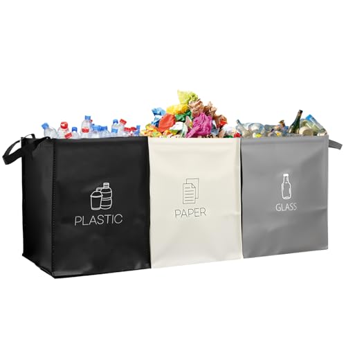guobinZH Mülltrennsystem 3fach für Papier Glas Plastik Recycling System Taschen Mülleimer mit Stabilisatoren Wiederverwendbaren Abfalltrennsystem Mülltrenner für Innen und Außen Küche Haushalt Büro
