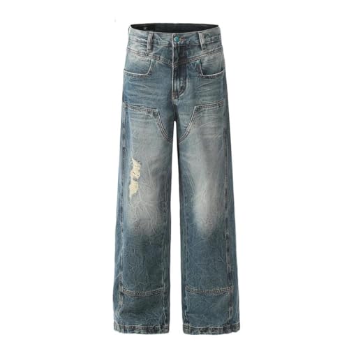 Men’S Straight Leg Washed Denim Jeans with Zipper Fly Low Waist Regular Fit Hip Hop Trousers2