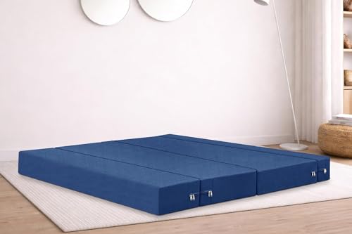 Image of Rosebell Three Seater Foldable Sofa Cum Bed (5x6 Feet) Jute Fabric, Washable Removable Cover, | Space Saving Convertible Sofa Bed for Home, Office & Guests - Blue