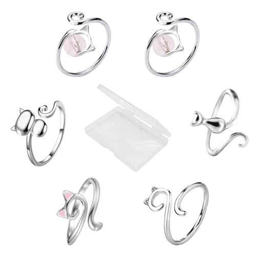 LIQALU 6 PCS Crochet Ring for Finger Adjustable Crochet Tension Ring for Finger Cat Knitting Crochet Accessories Handmade Yarn Ring for Crocheting Cat Finger Guard Rings with Box