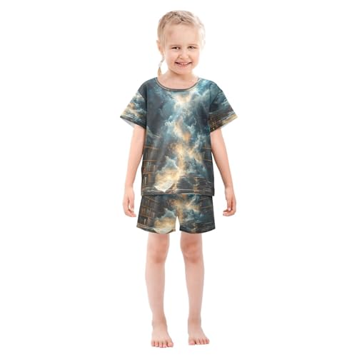 ALAZA Bookshelf Bookworm Cloud Sky Pajamas Set Short Sleeve Cotton Sleepwear Summer Pjs 2 Piece 5-14Y3