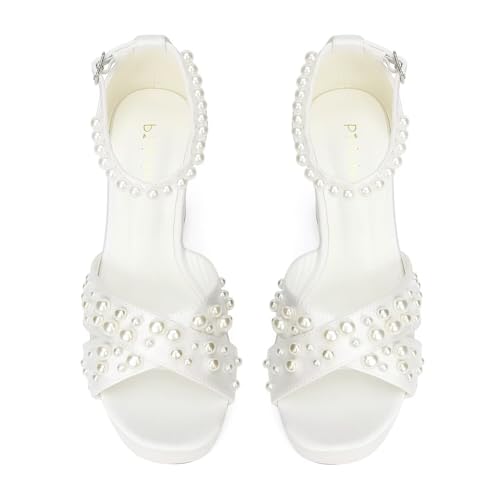 Women's Platform Heels Pearl Wedding Shoes for Bride Open Toe Chunky Heel Bridal Sandals2