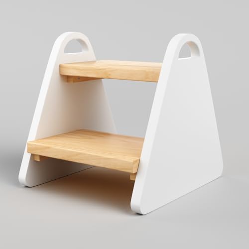 Toddler Step Stool, Wooden Step Stools for Kids, Solid Wood Two Step Stools Toddler with Handles, Rounded Corners Child Stepping Stool for Bathroom Sink, Kitchen, Bedroom (Wood Color-White)