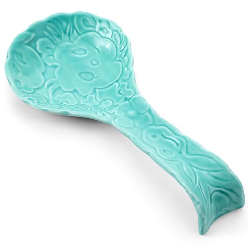 Yiyiring Turquoise Relief Spoon Rest for Stove Top, Ceramic Spoon Holder for Kitchen Counter, 8.75'' Long Large Spatula Holder, Farmhouse Utensil Rest for Ladle Kitchen Accessories Housewarming Gift