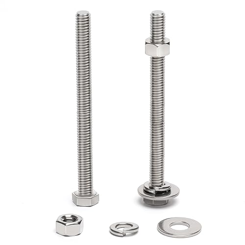 (5 Sets) 3/8-16 x 5 Hex Head Screw Bolt, Nuts, Flat Washer &amp; Spring Lock Washers, 18-8 (304) Stainless Steel, Fully Threaded, by Skvltvfyt