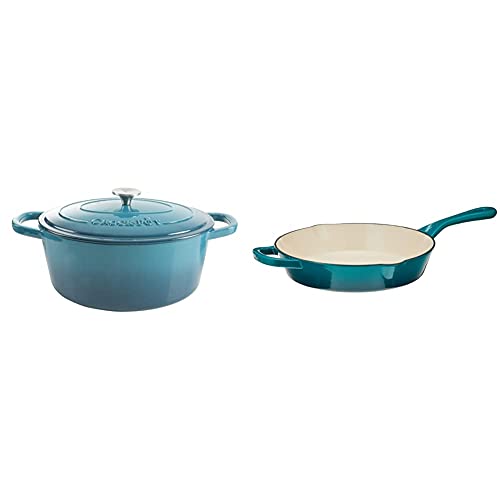 Crock-Pot Artisan Oval Enameled Cast Iron Dutch Oven, 7-Quart, Teal Ombre & Crock Pot Artisan 10 Inch Enameled Cast Iron Round Skillet, Teal Ombre #TOP4