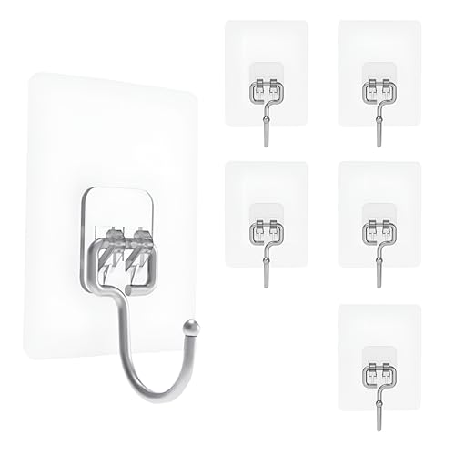 LOUXPERT 5PCS Large Adhesive Wall Hooks Heavy Duty - Hanging Up to 10Kg (22Lbs), Sticky Hooks No Damage, Self Adhesive 204 Stainless Steel Stick on Hooks (Clear)