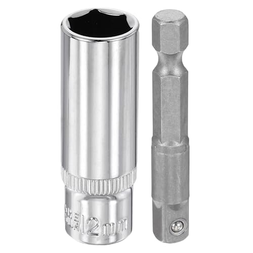 Image of sourcing map Deep 6-Point Impact Socket 1/4" Drive 12mm Metric Socket 50mm (2") Long with 1/4" Hex Shank Adapter, CR-V Steel Socket Adapter Accessory Tool Set Kit for Hex Bolts Nuts