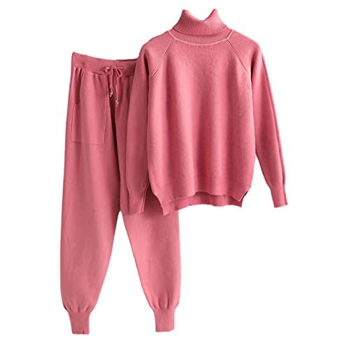 Survêtement tricoté pour femme ensemble 2 pièces rose avec pull col roulé hiver et mi-saison