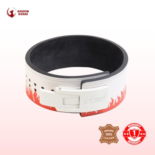 Image of 13mm Lever Powerlifting Belt - Red Fire Leather Gym Belt with White Buckle - Men & Women- Weightlifting, Squats, Deadlifts - IPF Standard (Red Fire White Buckle, S)