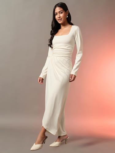 Image of Trend Arrest.ed Women's Bodycon Midi Dress | Square Neck Wrap Style | Stretchable | Full Sleeve Fitted Dress for Party, Evening, Casual Outings & Date Night