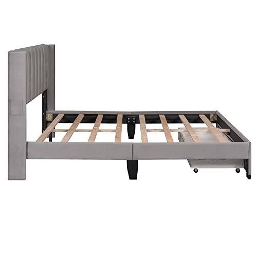 Merax Luxury Upholstered Bed Frame Wit Storage Drawer/Mattress Foundation/Wood Slat Support/Space Saving,Queen, Gray #TOP5