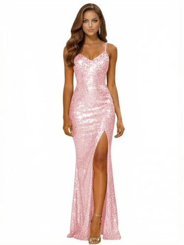 KIDSOR Spaghetti Straps Sequin Prom Dresses for Teens 2026 with Slit Light Pink Mermaid Maxi...