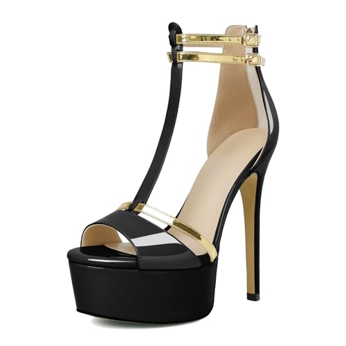 YODEKS Women's Heeled Sandals Open Peep Toe Platform Heels T-Strap Stiletto Sky High Heels 5.5 Inch Double Ankle Strap Shoes