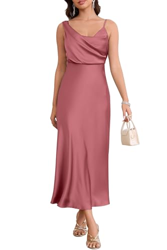Image of Women's Summer Satin Dress Elegant Cowl Neck Adjustable Spaghetti Strap Wedding Guest Cocktail Party Maxi Dresses