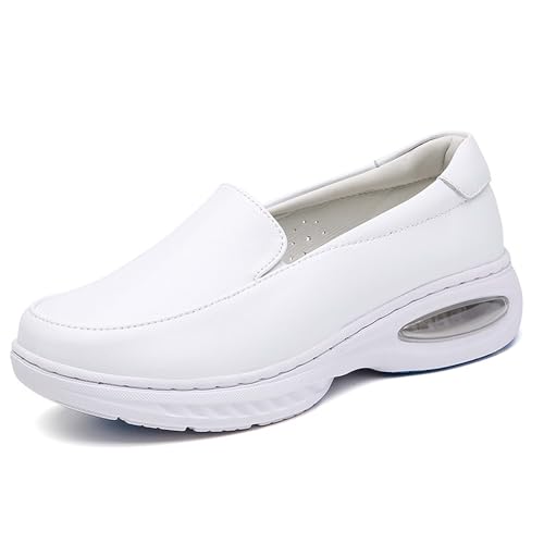 cnuei Women's Nurse Shoes Comfortable Leather Nurses Air Cushion Shoes Non-Slip Waterproof Restaurant Work Shoes Women's Service Shoes Lightweight Casual Shoes Hospital Work Healthcare Shoes White 39