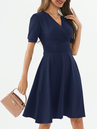 Image of Women's Summer Casual Dress Short Sleeve Wrap V-Neck A-Line Dress Sundress Wedding Guest Cocktail Midi Dresses