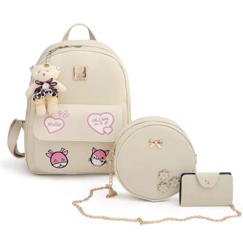 Image of ShopyVid Girls 3-Pcs Mini Leather Backpack Sling & Pouch Set For Women's/Rakhi Gift For Sister, cream