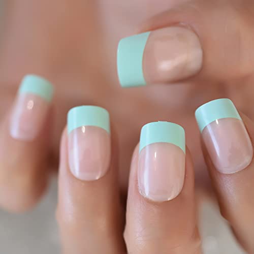Classical French Nail Art Tips Medium Green False Stick On Nails Natural French Miancure Short Lady's Nails Tips Acrylic Gel Fake Nail Set 24pcs