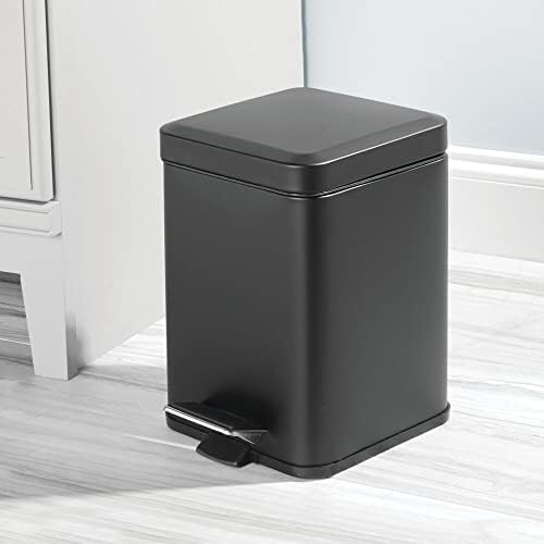 mDesign Square Household Rubbish Bin  6 Litre Metal Waste Bin with Pedal, Lid and Plastic Bucket Insert  Pedal Waste Basket for Bathroom, Kitchen and Office  Black