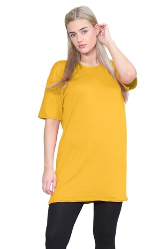 janisramone® Womens Short Sleeve Tunic T Shirts, Round Neck Oversized T Shirts for Women UK, Soft Comfortable Pj Dress, Perfect Summer Longline Ladies Tops Mustard