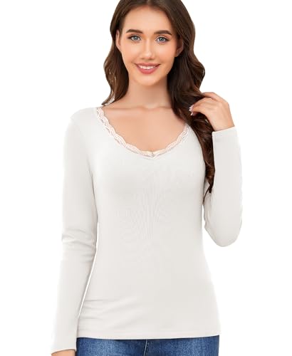 Ganado Long Sleeve Shirts for Women Lace V Neck Thermal Shirt Fitted Basic Tops Plain Layering Undershirts (White, Small)