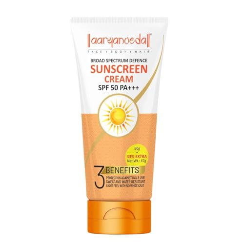 Image of Aryanveda Sunscreen Cream Spf 50 PA+++, With Broad Spectrum Defence, UVA & UVB Protection, Lightweight, No White-Cast, Sweat And Water Resistant, For Men & Women Suits All Skin Types 67 gm