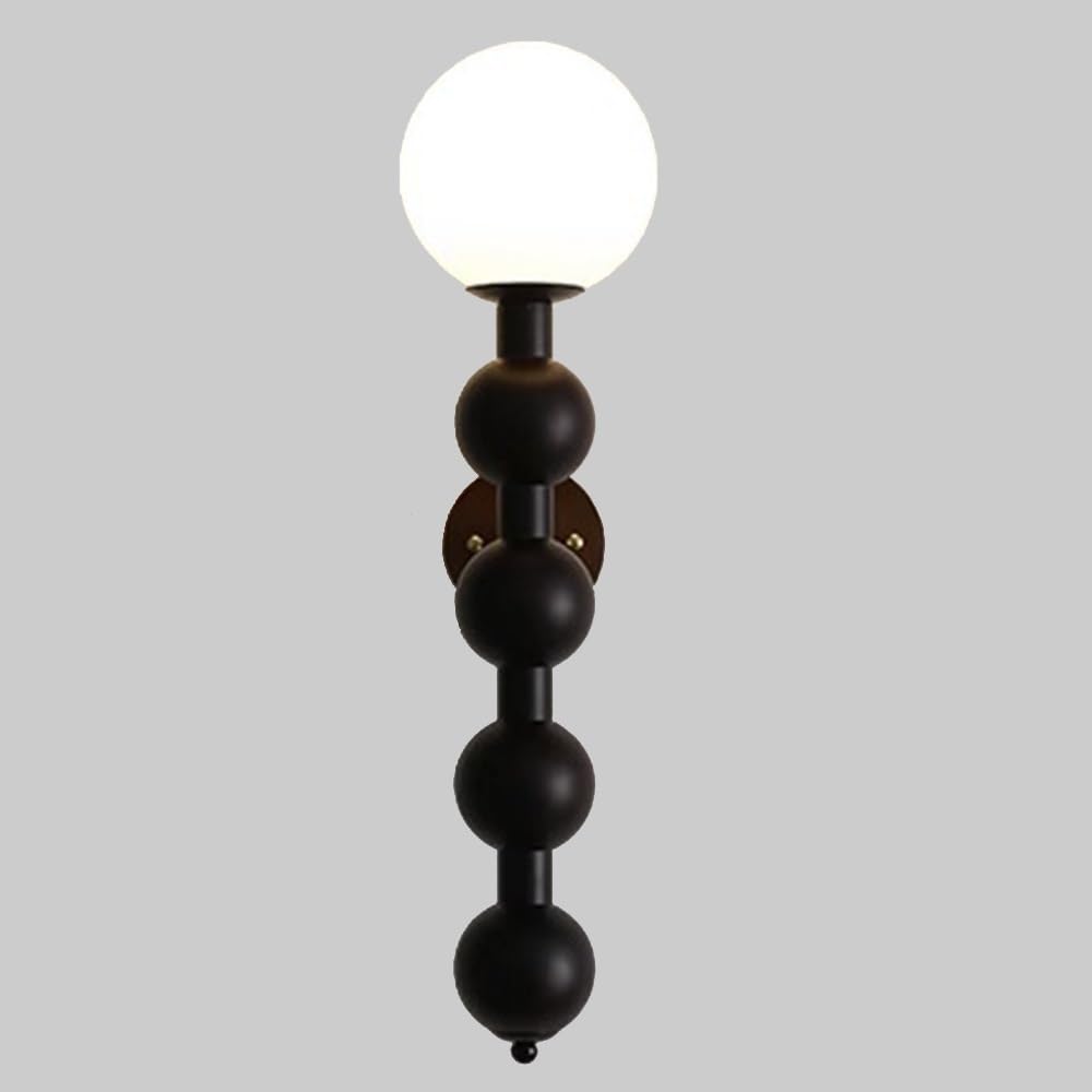 NHPJFDC Mid-Century Modern Ash Wood Wall Sconce Stacked Spherical Ball Design with Milky Glass Globe Wall Light Walnut Brown Or Matte Black Vertical Fixture for Bedroom Living Room Hallway(Dark)