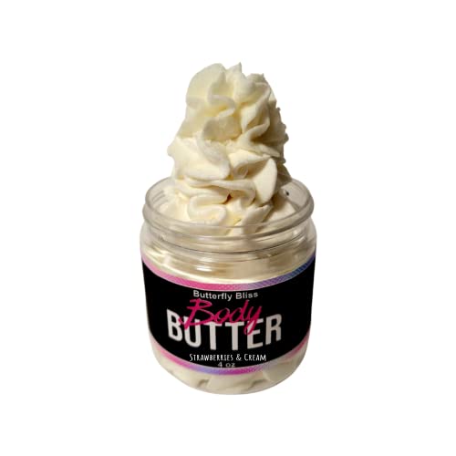 Strawberries and Cream Whipped Body Butter, natural lotion, organic, 4oz jar, made with shea butter, mango butter, coconut oil, almond oil