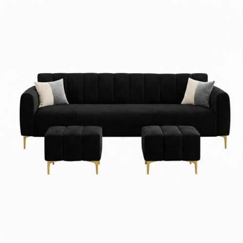 Image of Zora 5 Seater L Shape Sofa Set with 2 Movable Ottomans | Flexible Layout | Rich Velvet Suede Fabric | Silver Legs | Spacious Seating | Modern Sofa for Living Room (Black)