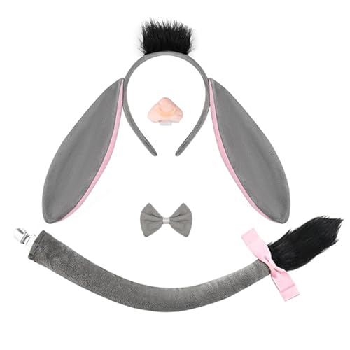 Hifot 4Pcs Donkey Costume Kids Adults Set, Donkey Ears and Tail Headband Nose Bow Tie Set, Donkey Outfit Animal Costume Accessories for Cosplay Halloween Carnival Nativity Theme Party World Book Day